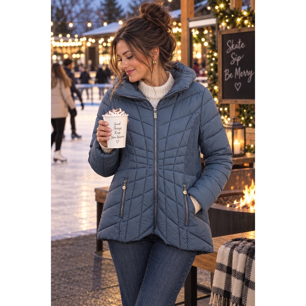 Bernardo EcoPlume Quilted Puffer Coat Jacket Ribbed Stretch - Dark Navy Blue
